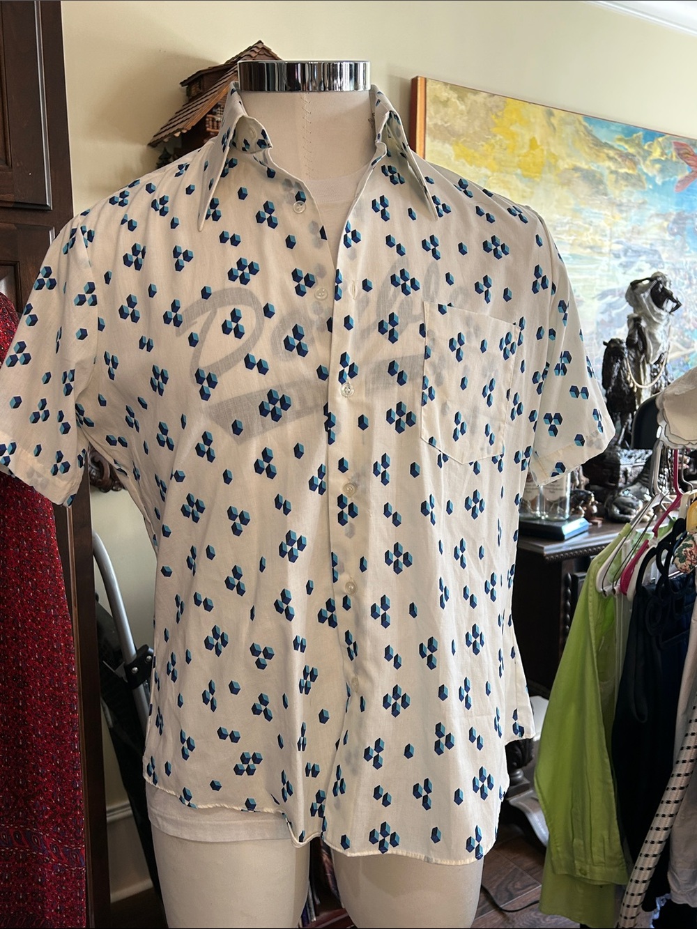 1970’s Kings Road Sz L White Short Sleeve Geometric Button Down Shirt
